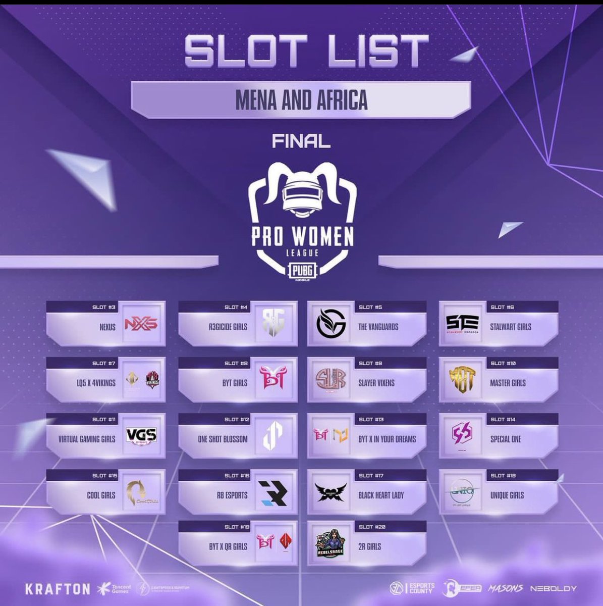 efeaPUBGM's tweet photo. • 𝗣𝗨𝗕𝗚 𝗠𝗢𝗕𝗜𝗟𝗘 𝗣𝗥𝗢 𝗪𝗢𝗠𝗘𝗡 𝗟𝗘𝗔𝗚𝗨𝗘 •

Here are the first teams of our MENA &amp; Africa Semifinals which we will see! FINAL!

Don’t miss the opportunity to see epic battles and support your favourite team!

#PUBGMOBILE #femalegaming #efea https://t.co/4T0wHGTw5y