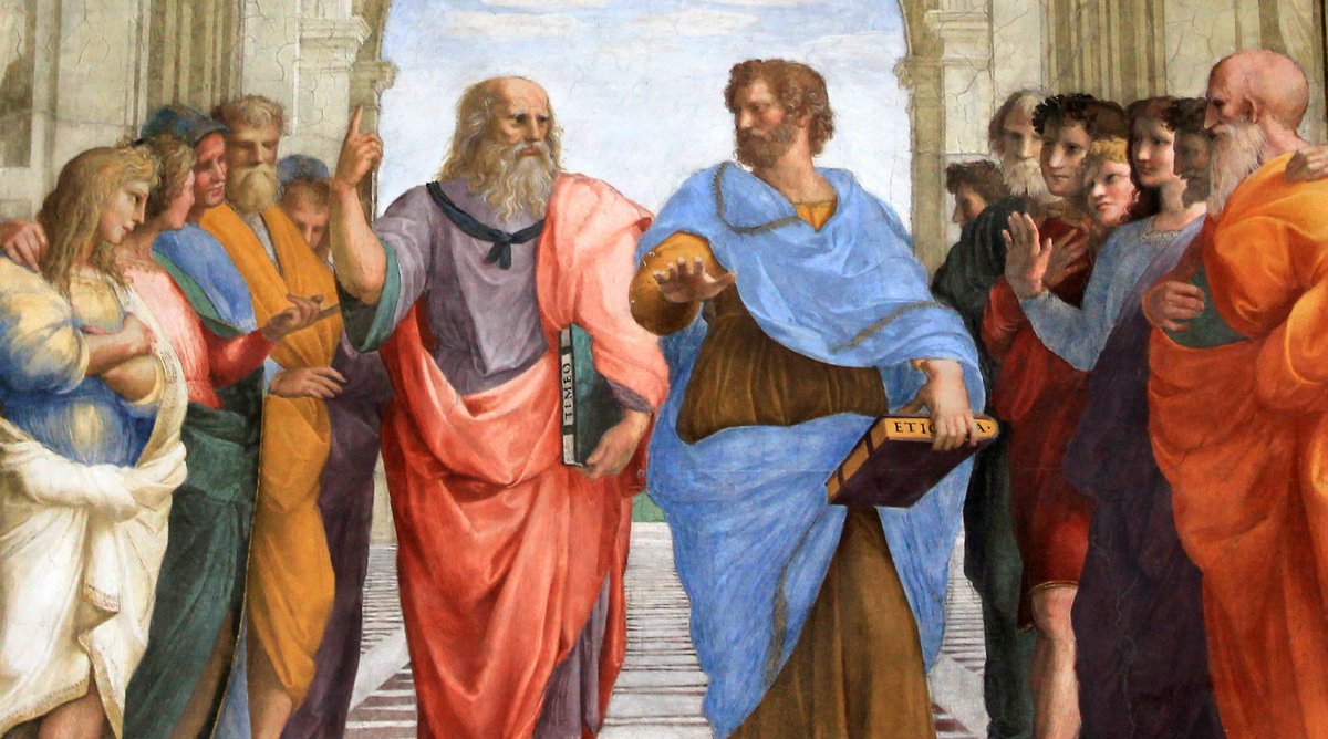 A detail from the School of Athens by Raphael (1511) featuring Plato and Aristotle in the centre