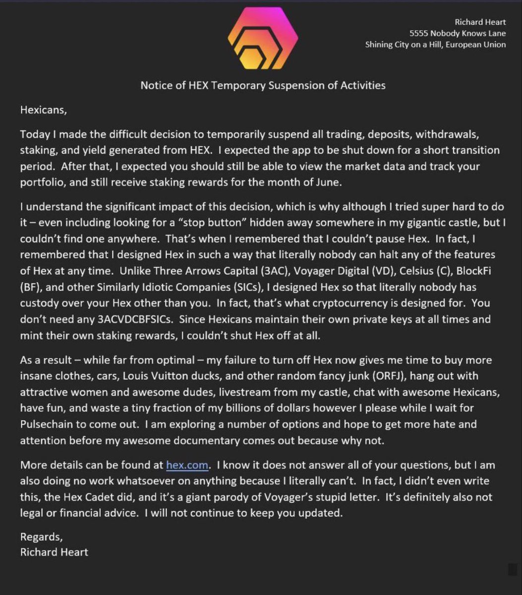 NEXT; Notice of HEX Temporary Suspension of Activities #HEXicans #Hex

Three arrows capital (3AC), @investvoyager Digital (VD), Celsius (C), BlockFi (BF), and other Similarly Idiotic Companies (SICs)

#crypto #blockchain