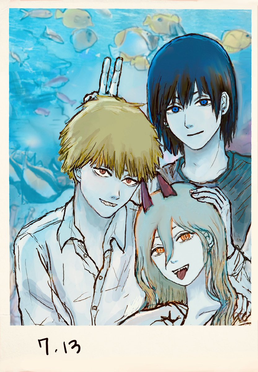 denji (chainsaw man) ,hayakawa aki ,power (chainsaw man) 2boys multiple boys blonde hair v 1girl horns shirt  illustration images