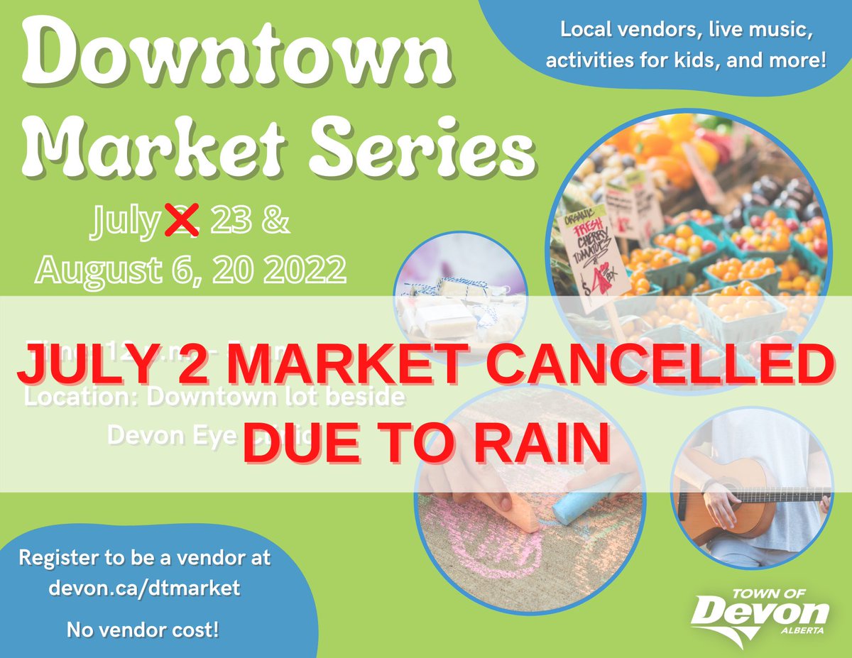 Heads up! Due to the rainy weather we unfortunately had to make the call to cancel the July 2 Downtown Market. Luckily there are three other markets planned for this summer, and we hope to see everyone out on July 23 for the next one. 

Stay warm and dry out there!