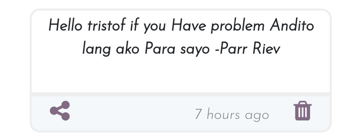 -Hji riev miss you
Let's hang out pag uwi ko
Don't worry I'm okay!!