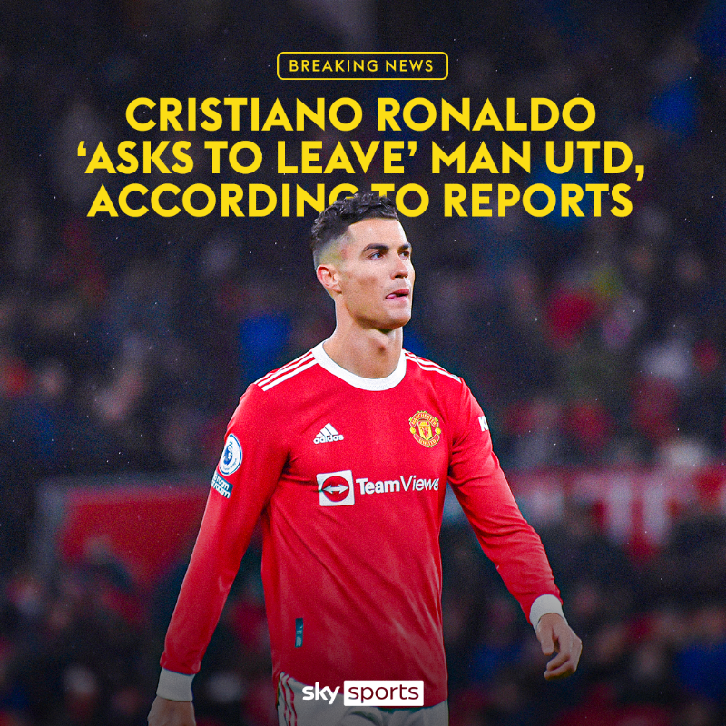 SkySportsPL's tweet photo. Cristiano Ronaldo has asked to be allowed to leave Manchester United should the Premier League club receive a satisfactory offer in the transfer window, according to The Times. 🚨