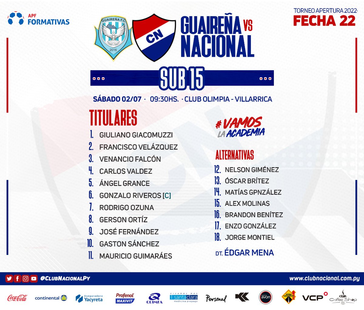 CanteradelTrico's tweet photo. #CanteraTricolor 🔴⚪🔵
#catSub15 ⚽️🙋🏻♂️
🏆 Torneo #Apertura2022
🗓Fecha 22
¡Final del partido!
Guaireña 1 🆚️ 3 #NACIONAL
📌Goles: 14' PT José Fernández, 44' PT Gastón Sánchez y 44' ST Brandon Benítez.
#VamosLaAcademia https://t.co/Zko8mjcPxc