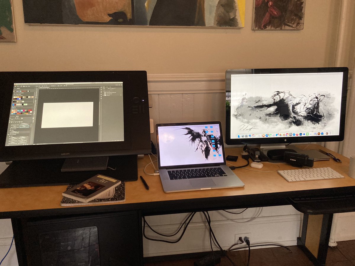 DVincentArtist's tweet photo. New desk setup. #wacom #digitalart #pcbuild #mac #drawingstation #cintiq https://t.co/CA8oPXmaCQ