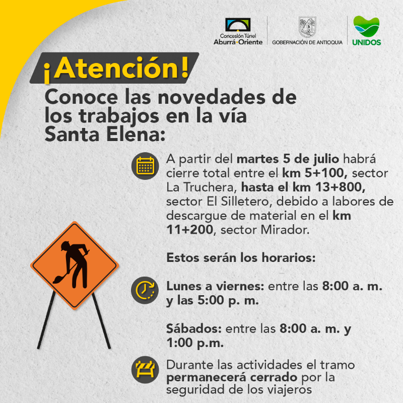ConcesionTAO's tweet photo. Presta atención a esta información 🤓.

A partir del martes 5 de julio habrá cierre total en la vía Santa Elena por trabajos de descargue de material que realizamos junto a la @GobAntioquia en el km 11+200.

Sigue este carrusel y conoce los detalles 👇.