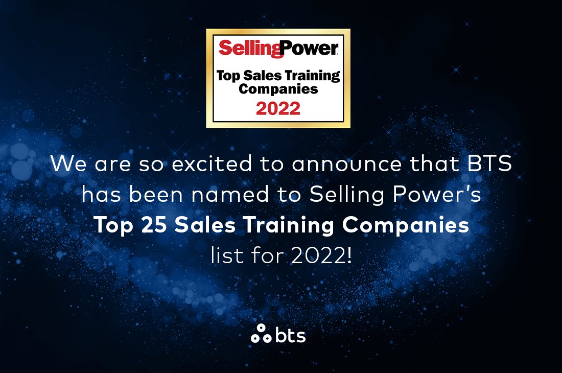 BTSGroupAB's tweet photo. We are excited to announce that BTS has been named one of Selling Power’s Top 25 Sales Training Companies for 2022. Kudos to the SAM team for their continued devotion to ensuring client success: https://t.co/uRNCQAN6JD #StrategyMadePersonal #salestraining #marketing #SellingPower https://t.co/n9aEK4eRwZ