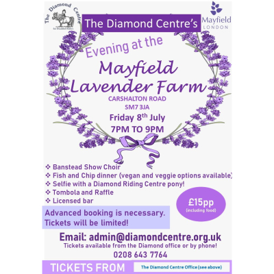 The Diamond Centre #Carshalton Fund Raising Evening at #MayFieldLavender #Banstead <a href="/DiamondRiding/">Diamond Centre</a> @RDANational <a href="/LavenderSurrey/">Mayfield Lavender</a> THIS FRIDAY ow.ly/HlCT30sng1M