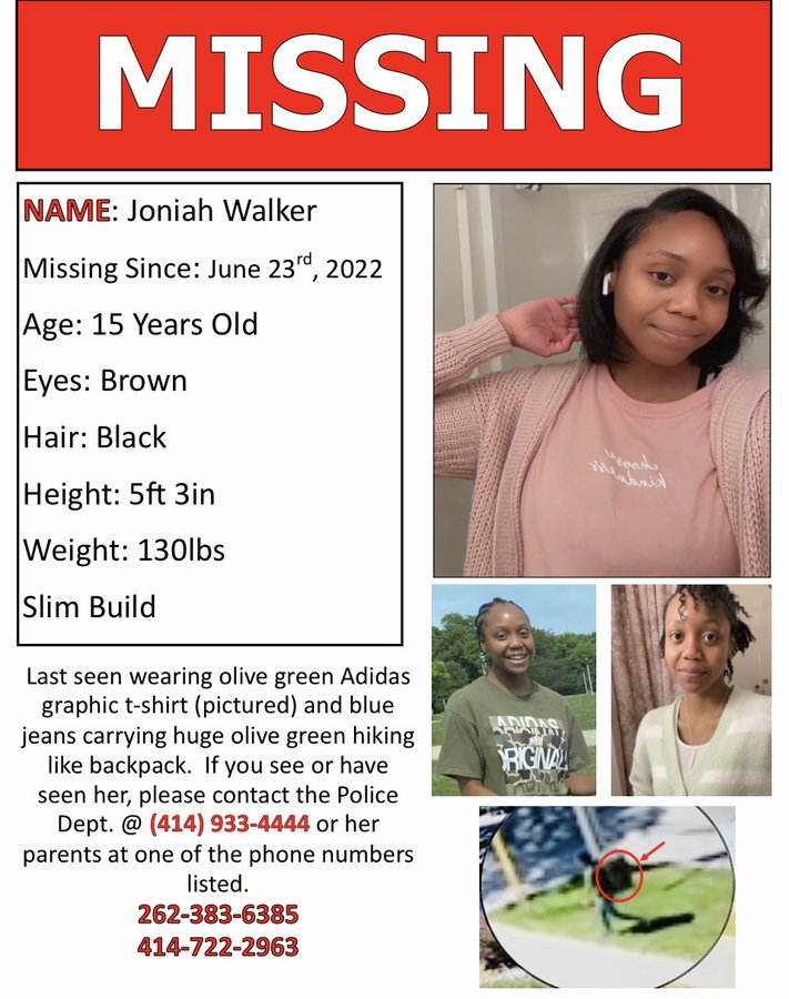 PLEASE SHARE: 15-year-old Joniah Walker has been missing since the afternoon of June 23rd. She was last seen near the intersection of E Reservoir and N Buffum on security camera footage. #Missing #MissingPerson #JoniahWalker #Milwaukee [1/2]