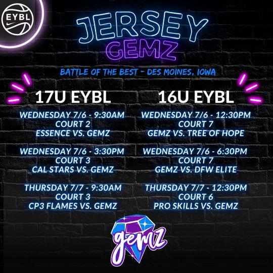 Check in for 16 and 17 EYBL’s Schedule for Battle of the Best <a href="/NikeGirlsEYBL/">Nike Girls EYBL</a> <a href="/TyonnaBailey24/">Tyonna Bailey</a> <a href="/gabriellaross23/">Gabriella Ross</a> <a href="/avamazur3/">Ava Mazur</a> <a href="/cristinap_3/">Cristina Parrella</a> <a href="/VanessaMcManus2/">Vanessa  McManus</a> <a href="/CamrynGardner2/">Camryn Gardner</a> <a href="/CollinsKatie_/">Katie Collins</a> <a href="/megansias11/">Megan Sias</a> <a href="/katelyn_linney/">Katelyn Linney</a> <a href="/kristensomogyi/">kristen somogyi</a>