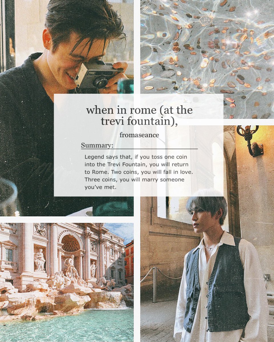 [FIC] #jaeyong

when in rome (at the trevi fountain), ⛲️💘✨

- oneshot (5.1k)
- jaeyong
- alternate universe
- first meetings, meet-cute (or meet-disaster, if you will), fluff, a lil humor, dialogue-driven
- jy meeting and flirting in rome 😉

📖: archiveofourown.org/works/40030014