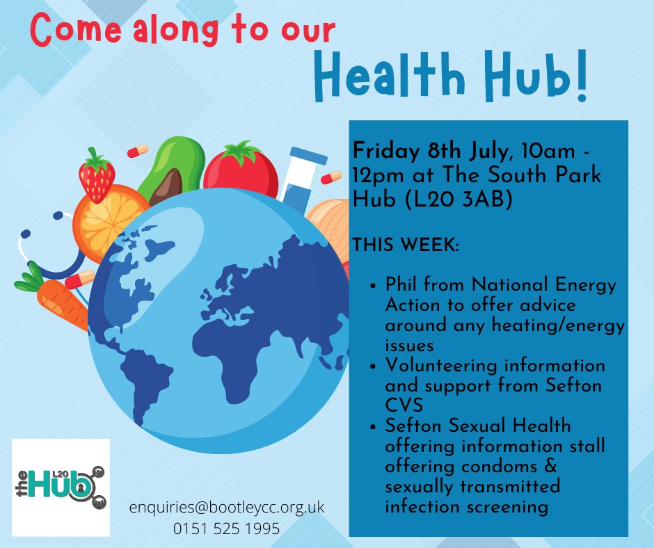 🥗 #HEALTHHUB 🥗 Fri 8th July, 10-12pm This week we have: #SeftonCVS to offer advice and support with volunteering. #SeftonSexualHealth for sexual health advice. #NationalEnergyAction to offer energy saving advice. No need to book, just turn up! #healthiswealth #bootlecommunity