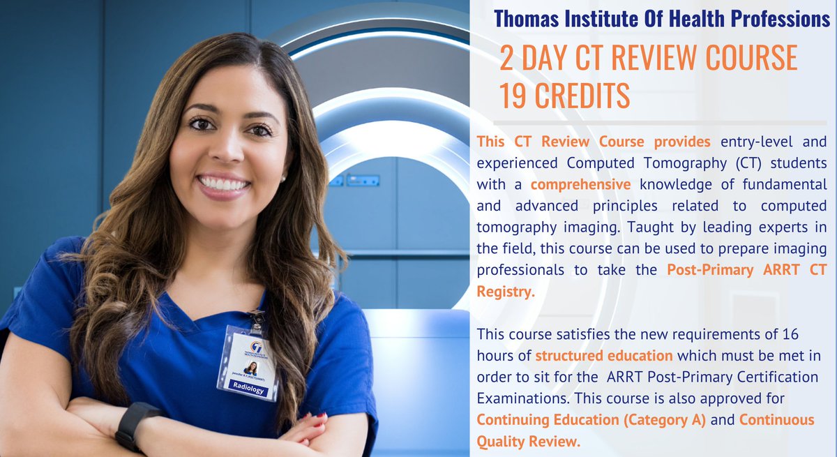 ThomasHealthPro's tweet photo. The Thomas Institute of Health Professions
2-Day CT Review Course- 19 Credits 
When: July 30-31, 2022
Time: 8:00am- 4:30pm
Where:
Holiday Inn Express &amp; Suites
1520 W Baseline Rd.
Tempe, AZ 85283

Register by July 9, 2022;355. After July 9, 2022, $375.
 https://t.co/RQSMImwGrx https://t.co/UIm7URiqtR
