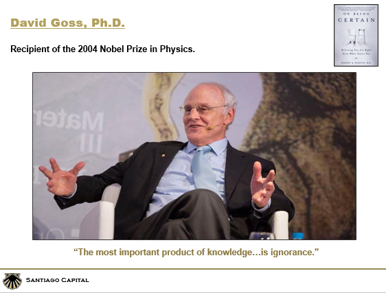 I’ll wrap up this thread in same way Burton wrapped up his wonderful book.  

It’s a quote from David Goss, the 2004 Nobel prize winner in Physics.

He said: “The most important product of knowledge…is Ignorance.”  

Couldn’t have said it better myself.  

#NothingIsCertain

/24