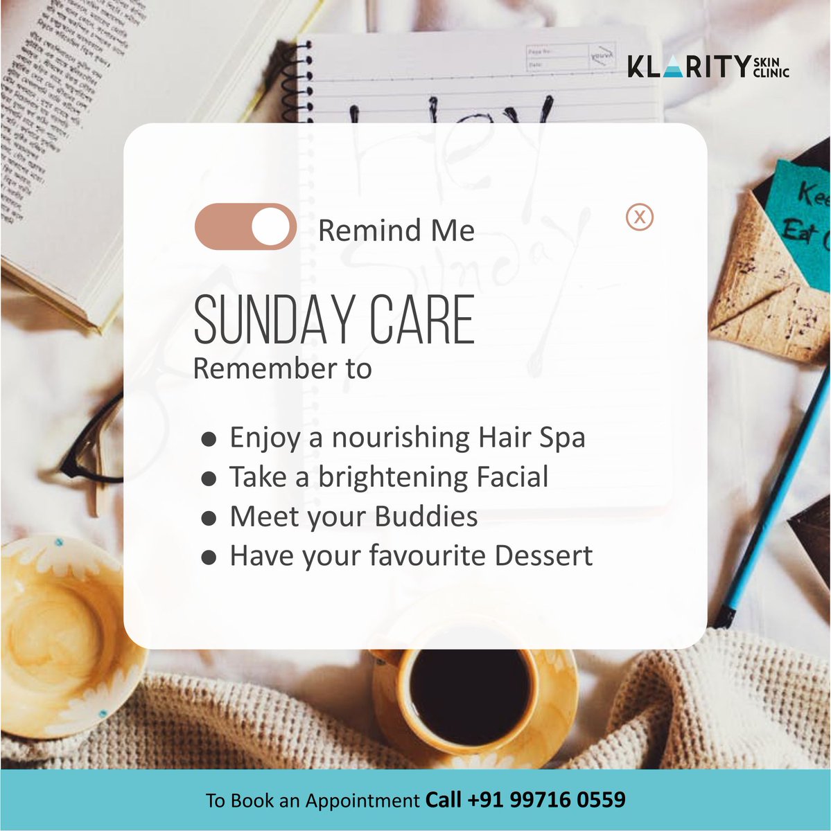 My Sunday, My Rules!
To book an appointment
Call +91 99716 05559
#sundayvibes #sundaybrunch #sundayhairspa #sundayfacials #friendsonsunday #sundaycare #cheatday #klarityskinclinic #gk2 #newdelhi #skincare #haircare #skincarejunkie #klaritywoman