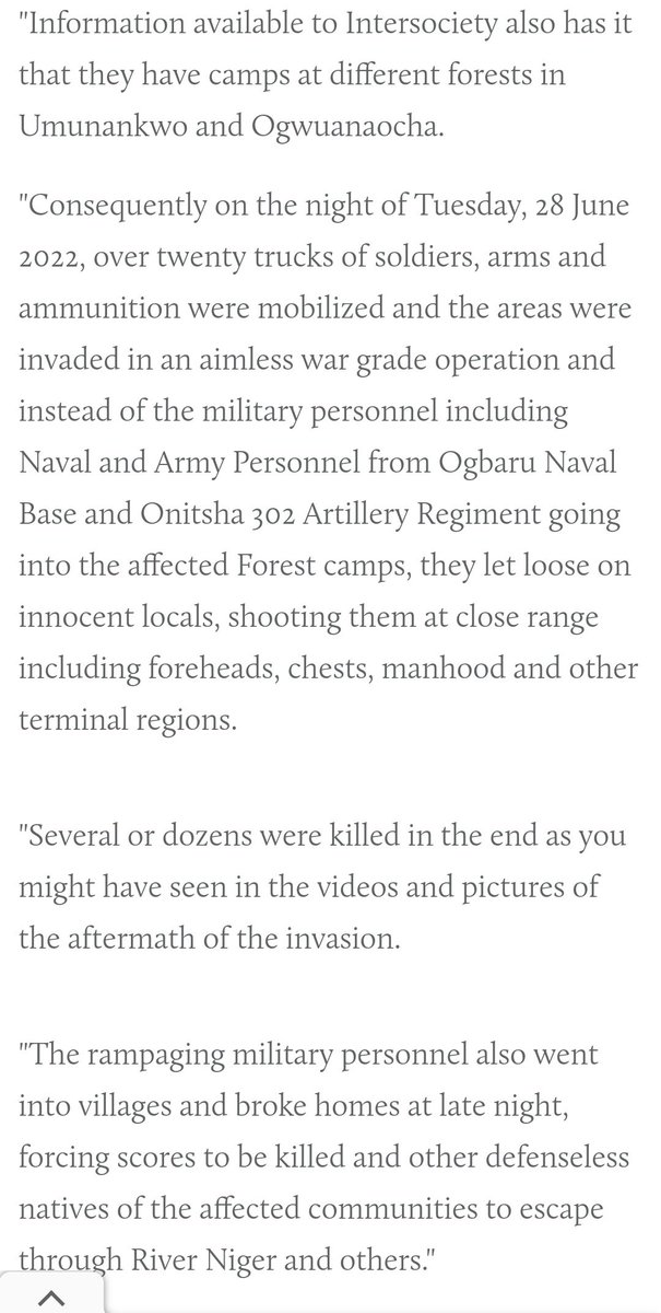 General_Somto's tweet photo. "Soldiers From Ogbaru Naval Base &amp; Onitsha 302 Artillery Regiment In Over 20 Trucks With Arms &amp; Ammunition Stormed Different Communities In Ogbaru Anambra State And Shot Several Innocent Defenseless Old &amp; Young Locals At Close Range. This Was a Complete Genocide." - Intersociety https://t.co/SN6oklRjbk