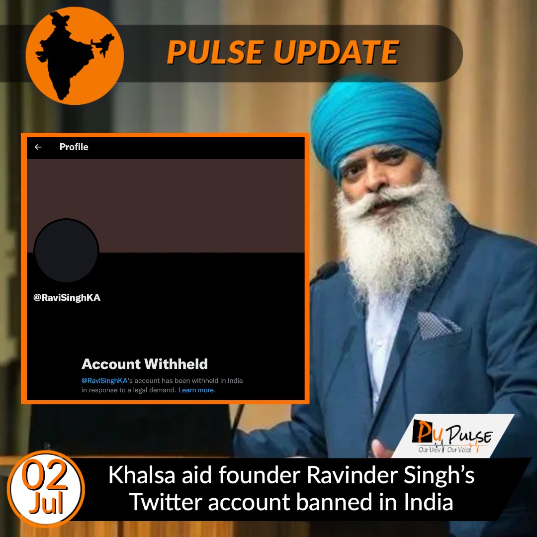 pu_pulse's tweet photo. Khalsa Aid CEO, Ravinder Singh's Twitter account banned in India.
@khalsaaid_india
Read more here:-https://t.co/0TPQGtqEqA
#ravindersingh #KhalsaAid #banned #SYL #righttofreedomofexpression #pupulse #pulseupdate https://t.co/3RlH60sGaC