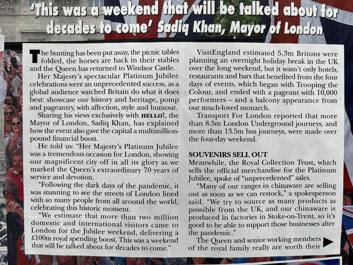 “We estimate that more than 2 million domestic & international visitors came to London for the Jubilee weekend, delivering a £100m royal spending boost. This was a weekend that will be talked about for decades to come” Source: @hellomag #PlatinumJubilee