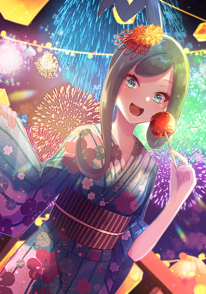 1girl fireworks kimono open mouth japanese clothes food solo  illustration images