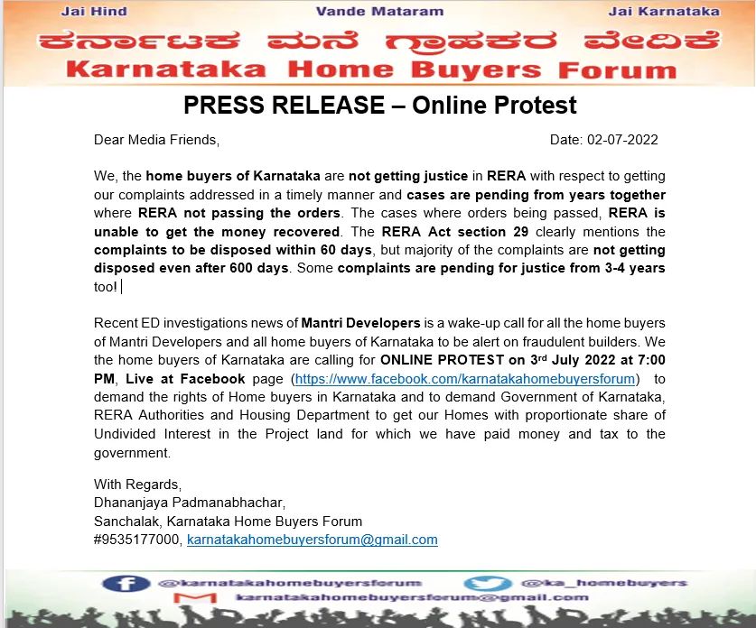Dear #Media Friends, we the #homebuyers of Karnataka are struggling because of poor RERA in Karnataka where RERA is not verifying builder project documents and not passing orders in time to give justice. Recent <a href="/dir_ed/">ED</a> arrest Mantri Developers is an alert to us. Protest on 3rd.