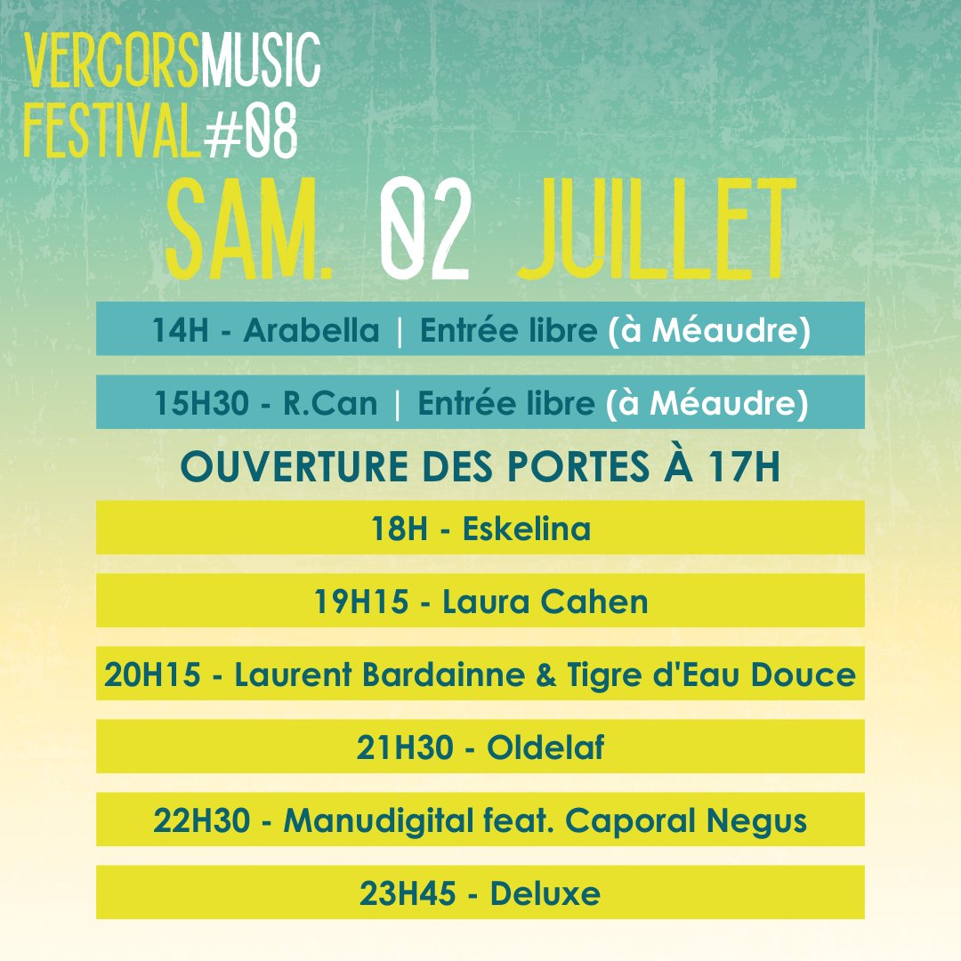 💥 JOUR 2 💥

RDV avec <a href="/deluxemoustache/">Deluxe</a> - <a href="/oldelaf/">Oldelaf</a> - <a href="/MANUDIGITAL/">MANUDIGITAL</a> - Laurent Bardainne &amp; Tigre d'Eau Douce - @LauraCahen - Eskelina sur le site du Foyer !

Et on n'oublie pas les concerts en accès libre de l'Avant-Scène à Méaudre : Arabella et R.Can. 

#VMF2022 #spedidam