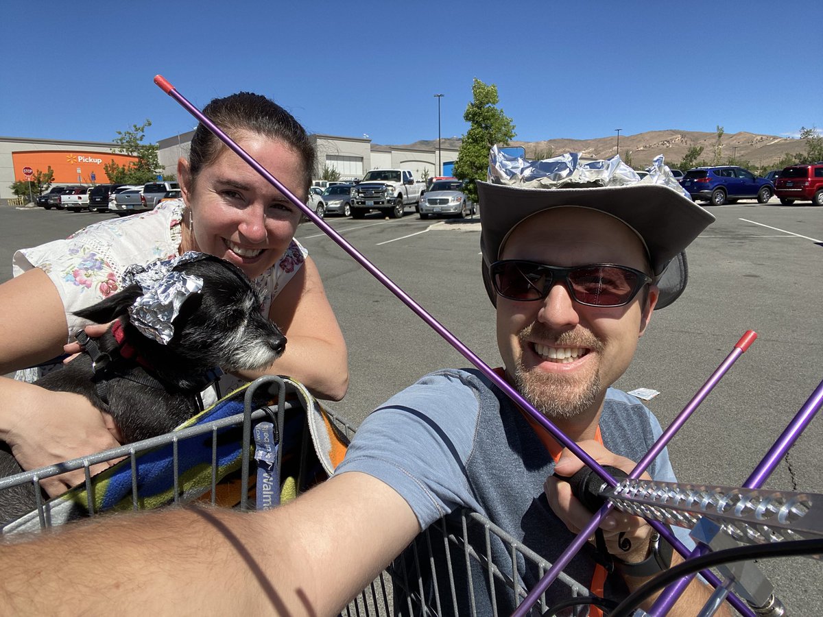KJ7NDY's tweet image. Lil’ Ol’ Roy was not pleased with his hat made for my beautiful shopping cart pushing assistant. No reflective vest available? No problem, make due with flagging tape (available in the hardware section of the store)! #SafetyFirst #WMPLOTA