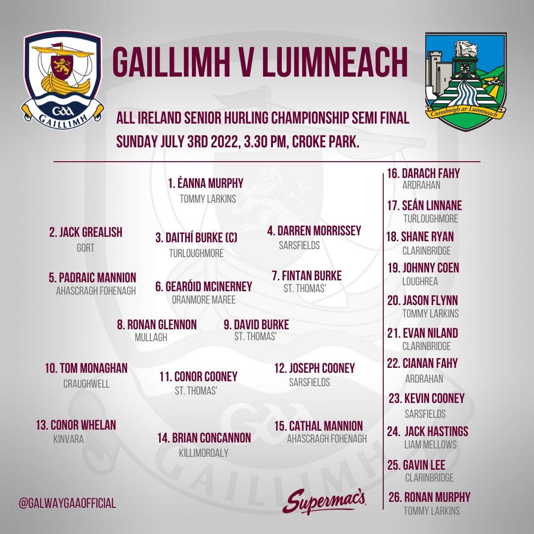 tommylarkinsgaa's tweet photo. An extremely proud moment for our club to see three of our finest players on the @Galway_GAA Hurling Panel for the All-Ireland Semi Final tomorrow. Best of luck to Éanna, Jason, Ronan and the rest of the Galway team and management against Limerick! #InUnityThereIsStrength https://t.co/AgarhneH9y