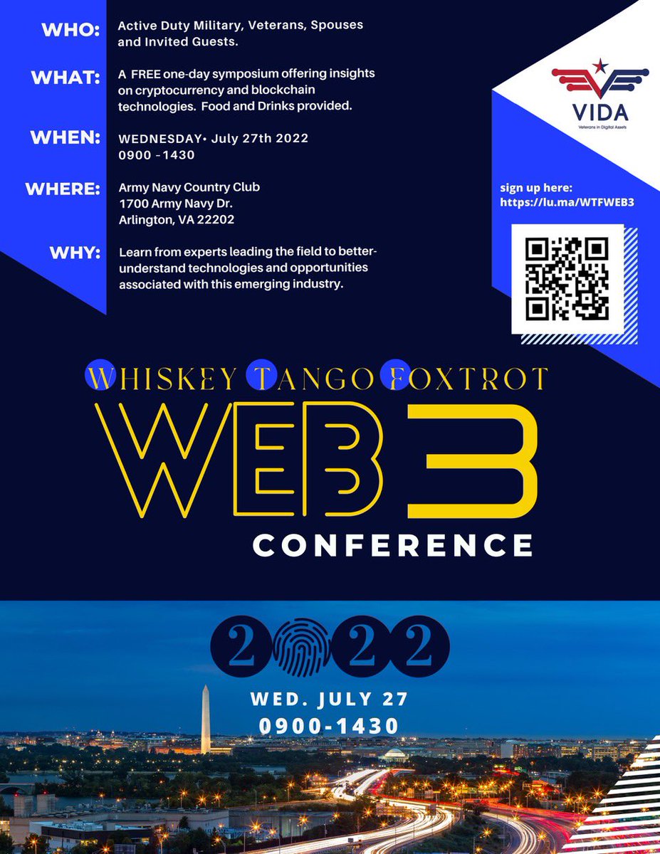 VIDABWF's tweet image. Hey #cryptotwitter don’t forget we will be hosting our 2nd #WTFWEB3 at the Army Navy Country club in Arlington VA on the 27th of July. Come hear from an impressive lineup of industry leaders and expand your network in #web3 FREE to attend signup link below lu.ma/WTFWEB3