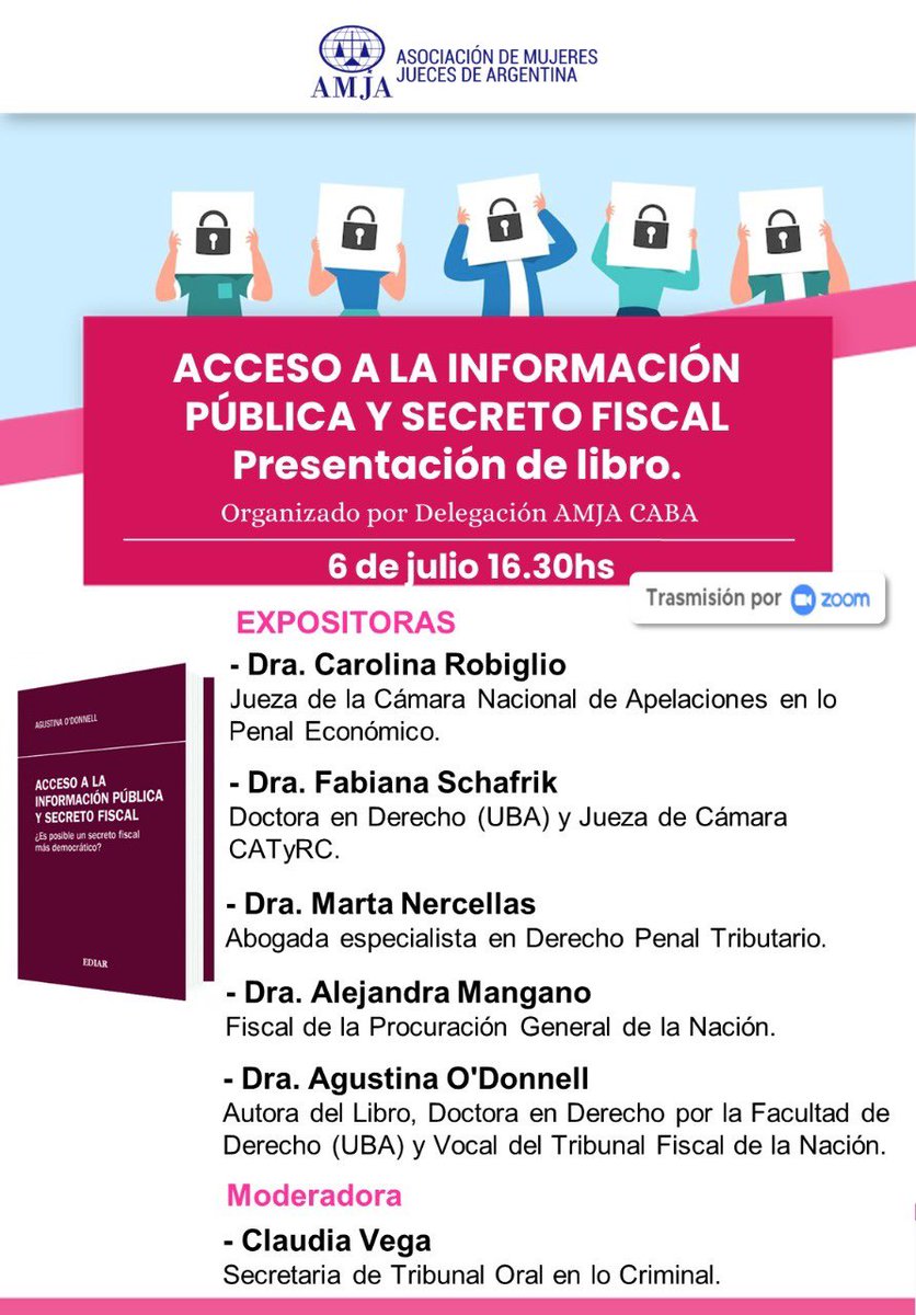 AceleraIgualdad's tweet photo. 📌Actividad para agendar!
ACCESO A LA INFORMACIÓN PÚBLICA Y SECRETO FISCAL
Presentación de libro de la Dra. Agustina O’Donnell
 📅6 de julio 16.30hs
Inscripciones 👇🏻
https://t.co/Hpv3qvgoPI    @pensapenal @dpenalfeminista @blogdelderecho @DerechoUBA @ProfesorasFDer https://t.co/M6DOy3hdYc