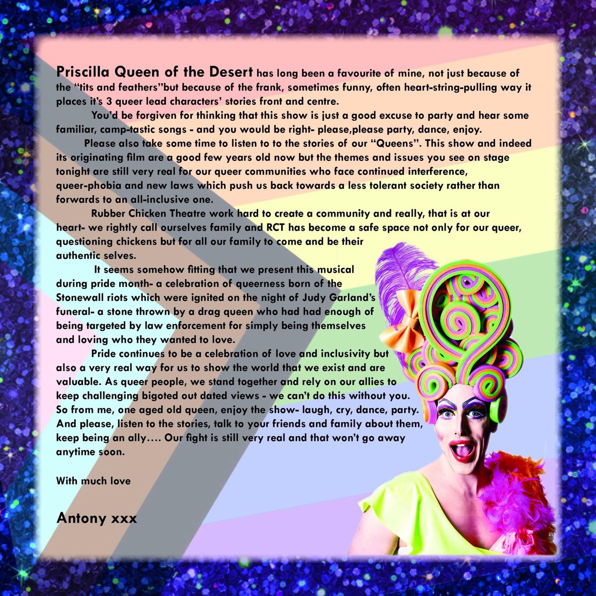 On the 50th anniversary of #LondonPride, it seems only fitting to share this piece from one of our cast in our #Priscilla programme recently. We’ve come a long way but there is so much more left to do.