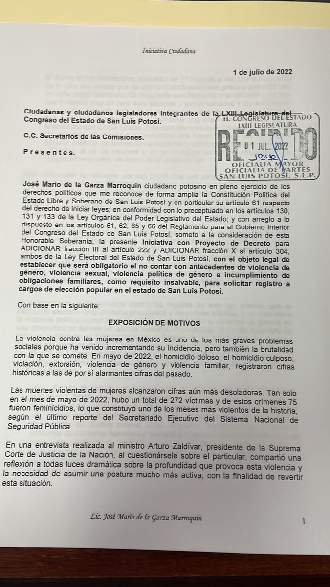 JoseMarioMX's tweet photo. Ante el @CongresoEdoSLP presenté una iniciativa para que sea obligatorio no contar con antecedentes de violencia de género, sexual o política de género cuando se solicite registro para un cargo de elección popular.
Por todas las formas, debemos revertir la violencia en México. https://t.co/b9zJUQ4n7j