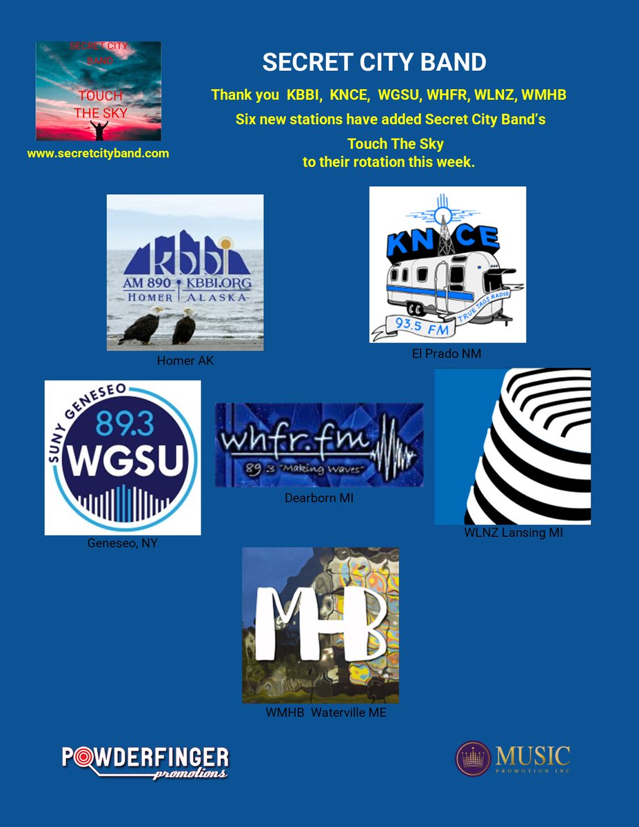 Week five gives us six more radio stations playing songs from our second album "Touch The Sky". Touch The Sky is available on all of the streaming sites. THANK YOU one and all! secretcityband.com