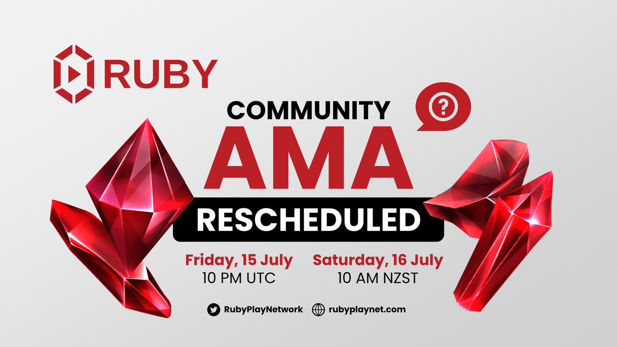 RubyPlayNetwork's tweet photo. Upcoming #AMA Rescheduled ๐จ
Due to an unfortunate #COVID19 outbreak in the #RubyPlayNetwork HQ, we have had to delay the AMA to accommodate our team:
โฐ When: 15th July 10PM UTC | 16th July 10AM NZST
๐Where: #TwitterSpaces
Thank you for your understanding and stay safe! ๐ https://t.co/X20U4T5q2h