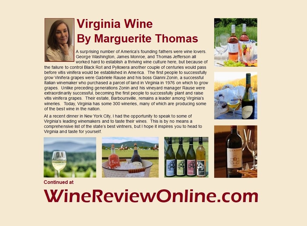 If you're not familiar with wines from Virginia, <a href="/M_L_Thomas/">Marguerite L. Thomas</a> suggests six wineries to consider in her #wine column: WineReviewOnline.com/Marguerite_Tho…  
<a href="/AnkidaRidge/">AnkidaRidgeVineyards</a>  <a href="/Barboursville/">Barboursville Vineyards</a> <a href="/BlenheimWines/">Blenheim Vineyards</a> <a href="/EarlyMountain/">Early Mountain Wine</a> @KingVineyards @StinsonVineyard