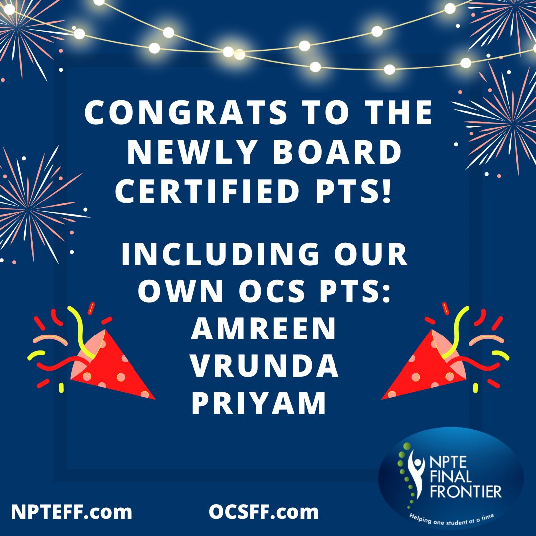 NPTEFF's tweet photo. Congrats to everyone who has passed their board certified specialization exams! I want to recognize: @VrundaPTDPT @PriyamDPT Amreen Kaur, for their achievement of becoming ORTHOPEDIC CLINICAL SPECIALISTS. To say that I am proud is an understatement. - @Bhupinder_PT
#ocs #ocsff https://t.co/YD117mLP7G