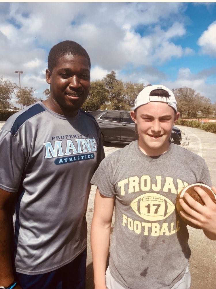 16_JackEmerson's tweet photo. Little did we know way back when… I gave Coach a Maine shirt, what was to be! ⁦@BozemanFootball⁩ a ⁦@MaineFBRecruits⁩ ⁦@BlackBearsFB⁩ 
Thank you for coming out the week before I leave for Maine. You are the best and I appreciate you!! https://t.co/fSPb1Csf5r