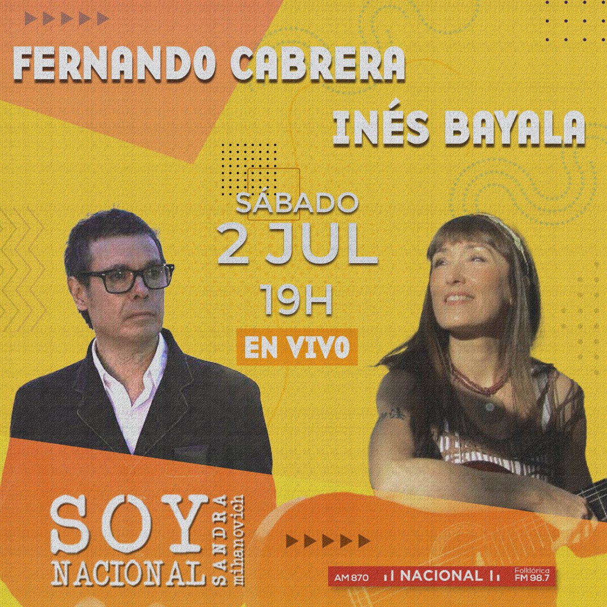 Hoy en vivo!! 19 hs 
<a href="/sanmihanovich/">sandra mihanovich</a> 
<a href="/Sandra_corizzo/">Sandra Corizzo</a> 
<a href="/SoyCarlaRuiz/">Carla Ruiz</a> 
<a href="/pgimenez2005/">muchpato</a> 
<a href="/kwobit/">Kwobit</a> 
<a href="/NacionalAM870/">Radio Nacional AM 870</a> 
<a href="/FolkloricaFM987/">Radio Nacional Folklórica FM 98.7</a>
