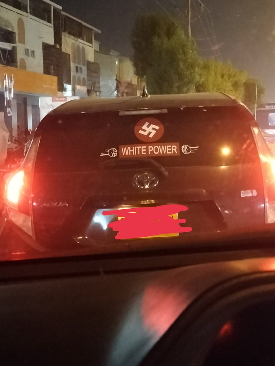 AliMantiq's tweet photo. I was amazed to see this car in Karachi. How could a brown person living in a semi-colonial country can promote Neo-Nazi poster?
It reflects the superficial era in which we live today, wher fashion dictates your choices rather than political and socio-economic understanding. https://t.co/Z3Xejx4Ezg