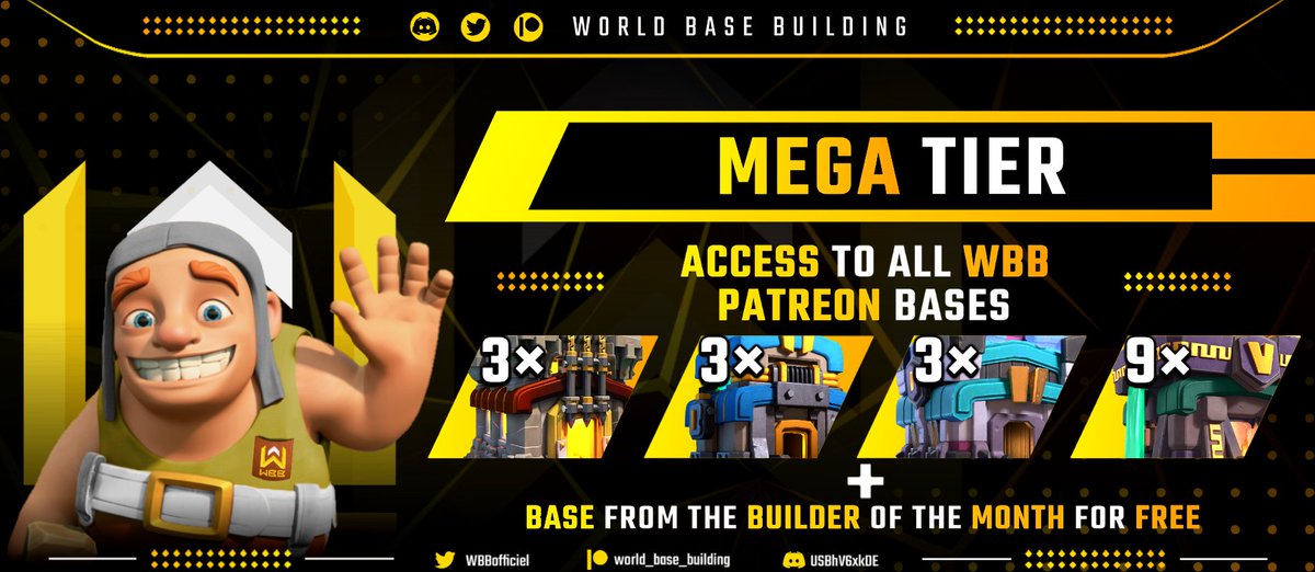🔴 Patreon Update 🔴
We are adding 2️⃣ NEW TIERS to our Patreon Page!

1️⃣Premium LL Tier: 8€
➖➡️3 Legends bases: 1 for each trophy range.

2️⃣Mega Tier: 17€
➖➡️Access to ALL WBB Patreon bases: 9x TH14+ 3x TH13 + 3x TH12 + 3x TH11 + BOTM bases for free!
 patreon.com/world_base_bui…