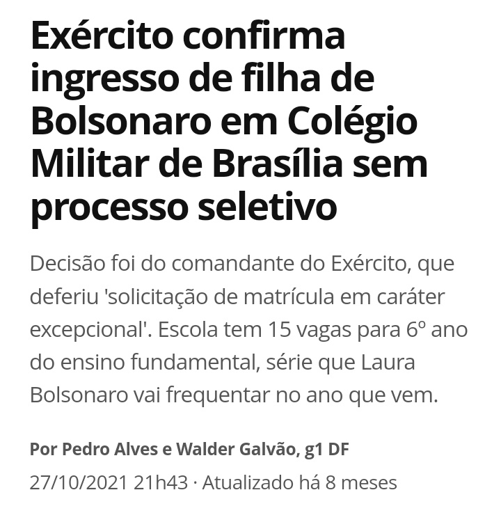 Exército atende a Bolsonaro e aceita Laura Bolsonaro em colégio militar