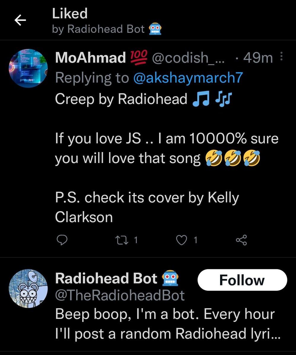 🤘
Got a like by a bot for mentioning a song 🎵