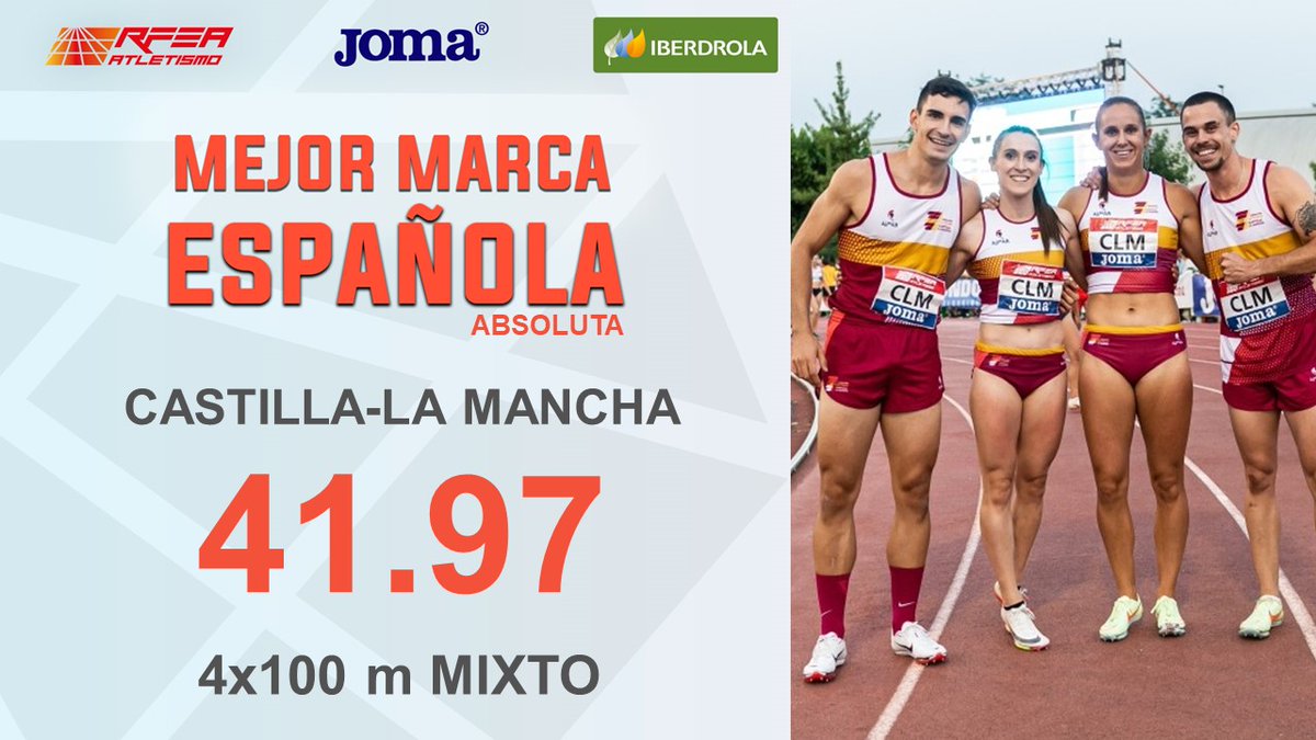atletismoRFEA's tweet image. 💣 MEJOR MARCA ESPAÑOLA DE LA HISTORIA 💣

4x100 m 🚹🚺

@ClmFa ⏱️ 41.97 en el #CEatletismoFFAA 

¡Pulveriza la anterior plusmarca del FC Barcelona de 42.28 desde 2019!

José González Barragán 🤝🏻 @albertocalero18 🤝🏻 @paulasevilla7 🤝🏻 @soniamo93