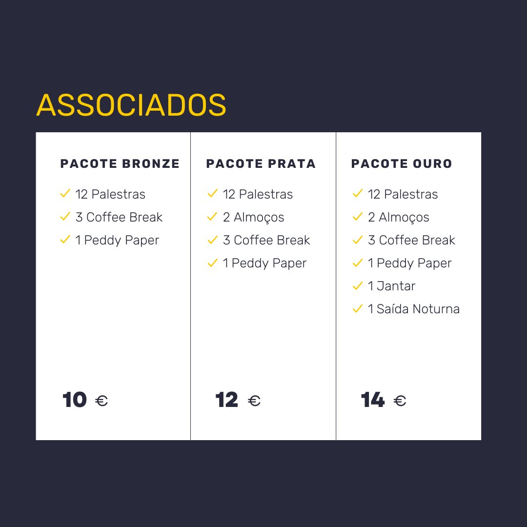 Conhece o conjunto de packs que temos disponíveis para ti! 🤗 
🎟️ Bilhete Bronze;
🎟️ Bilhete Prata;
🎟️ Bilhete Ouro
Aproveita já, porque esta é uma venda promocional e os preços dos pacotes irão aumentar!!

+info em: ajmconectados.com/encontro-unive… 📲 #EUMA22