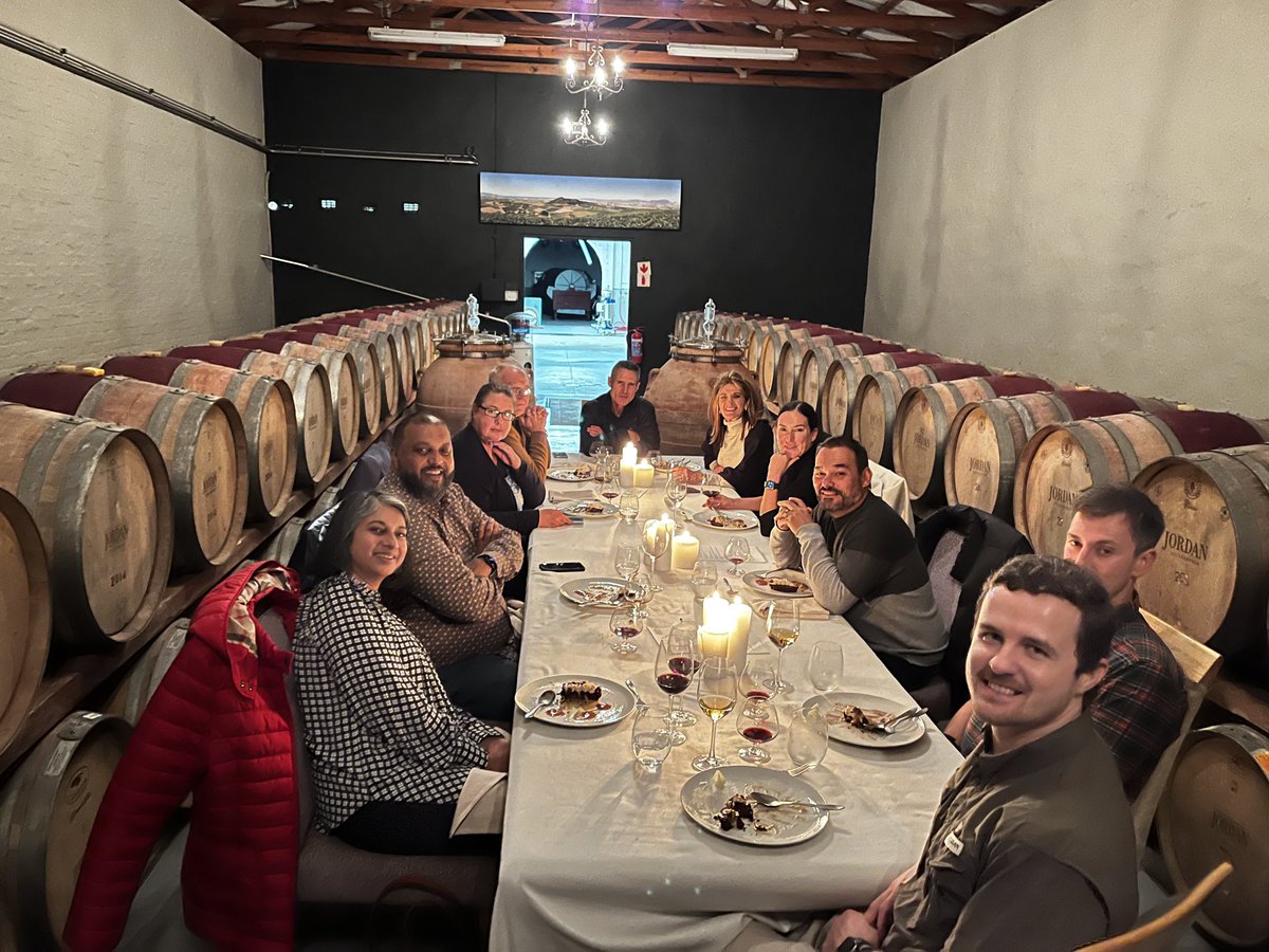 Enjoyed a stunning dinner tonight with ⁦<a href="/APJ317/">Amanda Prout-Jones</a>⁩ in one of ⁦<a href="/Jordan_Wines/">Jordan Wine Estate</a>⁩ maturation cellars tonight. Exceptional food and world class wines. The reds were served out of magnums &amp; still good for another 5-10 years. Watch out for the opening of their new restaurant