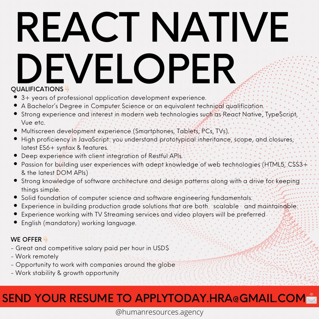 Looking for a job? APPLY NOW📲
📩 Send your resume to applytoday.hra@gmail.com

FOLLOW US TO GET JOB UPDATES📳
⚡️We are your best allied in HR.
#hragency #jobsearch #jobshiring #employment #remotejobs #developers #job #hr #resume #humanresouces #reactnative #reactnativedeveloper