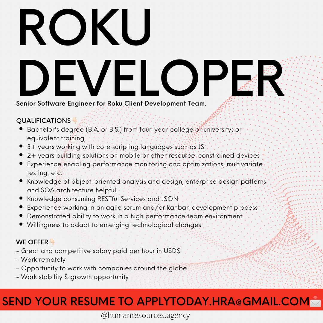 Looking for a job? APPLY NOW📲
📩 Send your resume to applytoday.hra@gmail.com

FOLLOW US TO GET JOB UPDATES📳
⚡️We are your best allied in HR.

#hragency #jobsearch #jobshiring #employment #remotejobs #developers #job #hr #resume #humanresouces #rokudeveloper
