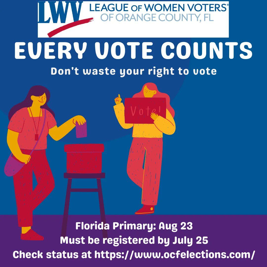 The Florida primary election is Aug. 23, less than two months away. You must be registered by July 25, just three weeks away, in order to vote. Early voting and vote-by-mail are still options, too. Check your status. Orange County voters can get info here: buff.ly/2SBkWMX