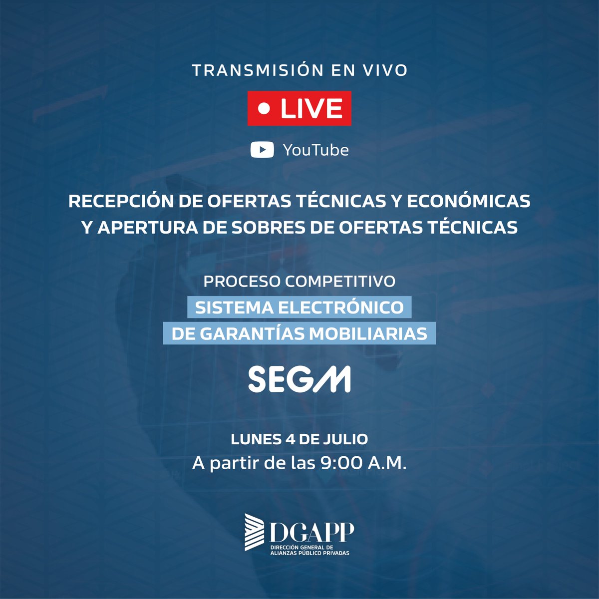 DGAPPRD's tweet image. En nuestro compromiso de realizar procesos transparentes, ordenados y eficientes, les invitamos a la trasmisión de la recepción de ofertas técnicas y económicas y apertura de sobres de ofertas técnicas del proceso competitivo del Sistema Electrónico de Garantías Mobiliarias #SEGM