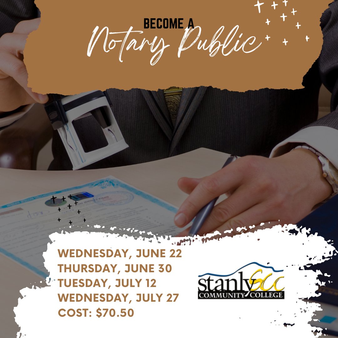 Back by popular demand!  
Take our one-day Notary Public course for $70.50 at our Crutchfield Education Center in Locust. We’re offering four different dates, so take your pick!  Hours are from 9 am – 4:30 pm.  To register, call 704-991-0123 or visit: stanly.edu