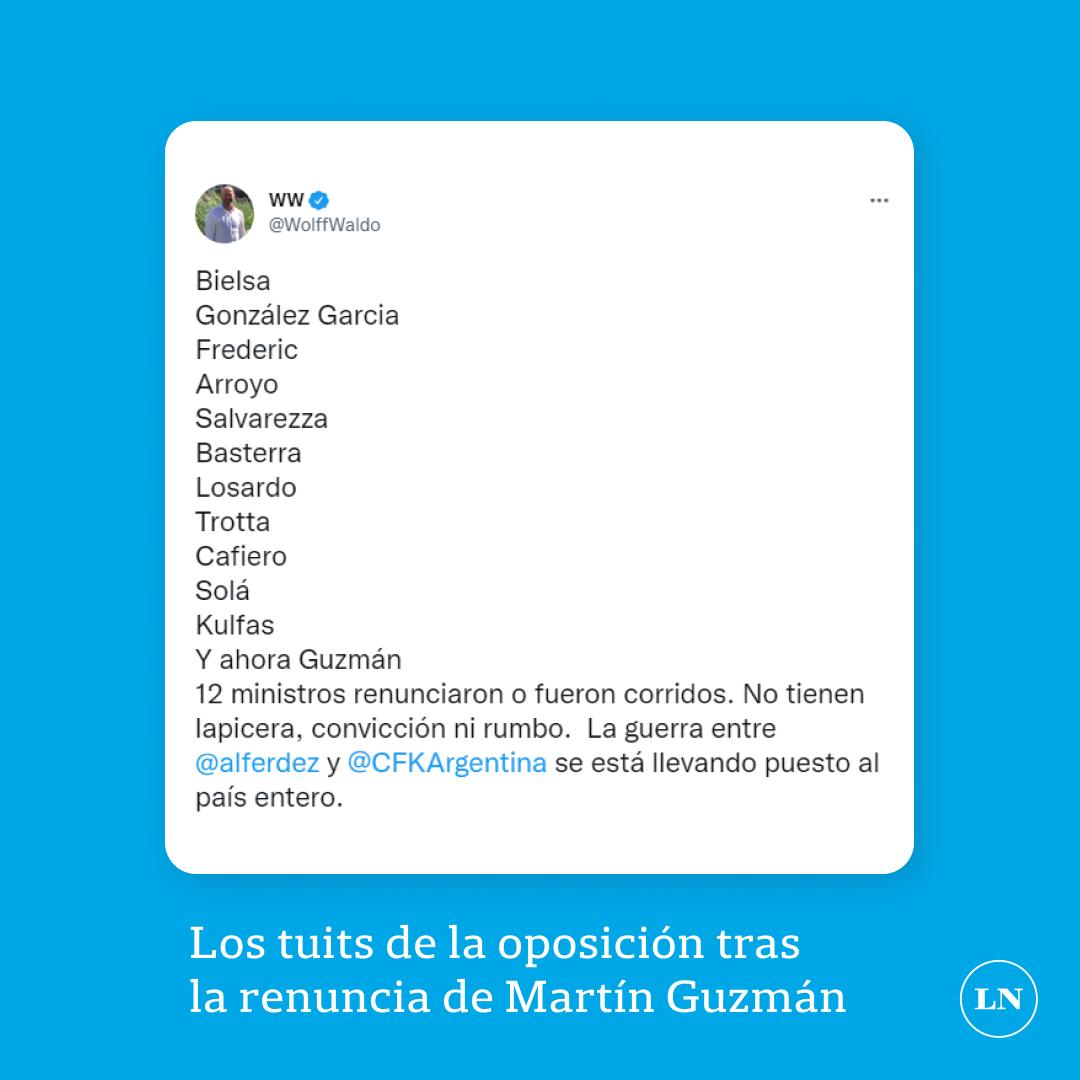 LANACION's tweet image. REPERCUSIONES EN LA OPOSICIÓN | El tuit de Waldo Wolff tras la renuncia del ministro de Economía Martín Guzmán